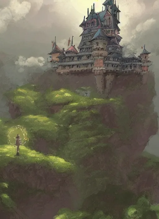 Image similar to cartoon illustration of a castle on top of a hill, concept art by hayao miyazaki, featured on pixiv, fantasy art, concept art, official art, anime aesthetic