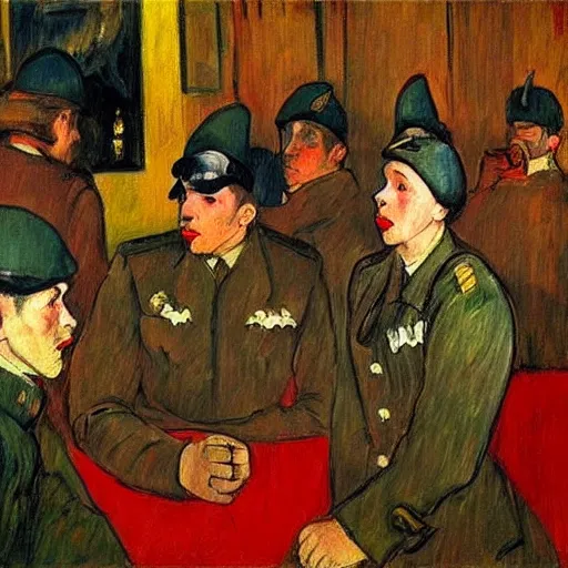 Image similar to modern red berets soldiers inside of a pub, painting by toulouse - lautrec, by valentin serov tretiakov gallery, soldiers wearing tactical clothing, 2 1 st century, cinematic, award winning