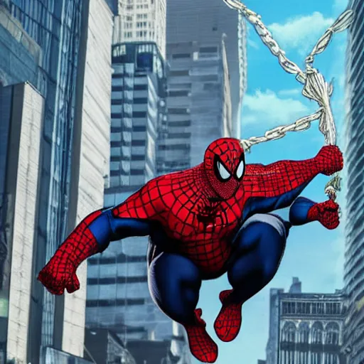 Image similar to morbidly obese spiderman, swinging through the city, fighting the demon of stress eating