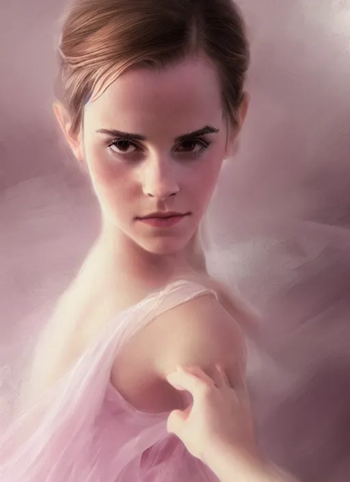 Image similar to emma watson as ballerina, ballet pose, soft pink and white transparent cloth, D&D, shiny background, intricate, elegant, highly detailed, digital painting, artstation, concept art, smooth, sharp focus, illustration, artgerm, bouguereau