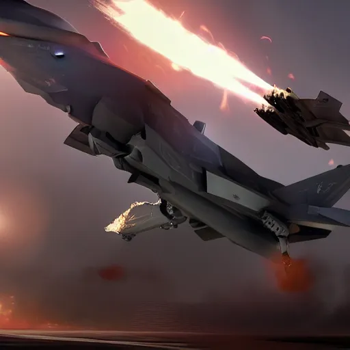 Image similar to A dragon being shotdown with a missile from an F-35 fighter jet, by Cedric Peyravernay, highly detailed, excellent composition, cinematic concept art, dramatic lighting, trending on ArtStation