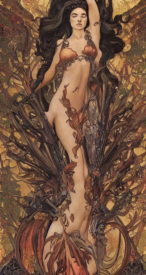 Image similar to 3/4 body portrait of the firedragon quee by artgerm and H R Giger and alphonse mucha, Dragon in dragon lair, HD, full body dragon concept, flying dragon, Human body with dragon features, beautiful queen, perfect face, fantasy, intricate, elegant, highly detailed, digital painting, artstation, concept art, smooth, sharp focus, illustration, ray tracing, 4k realistic 3d rendered portrait, soft shading, soft colors, relaxed colors, hyperdetailed, wide angle lens, fantasy, futuristic horror, armor style of giger