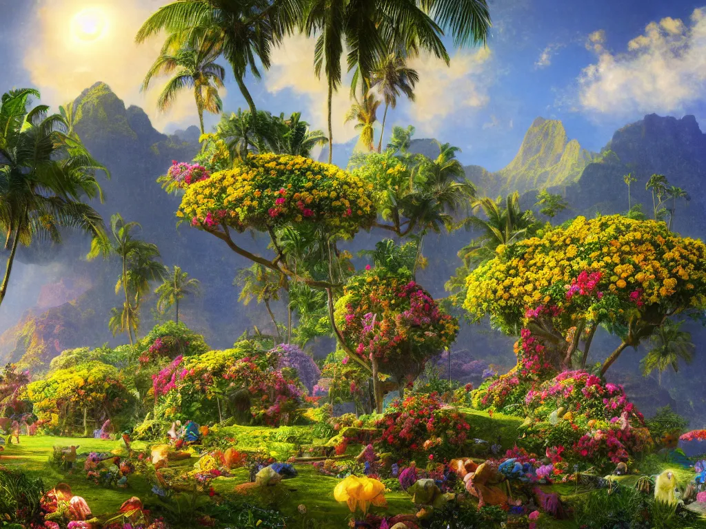 Image similar to kauai springtime, universe is a spheroid region 7 0 5 meters in diameter, sunlight study, art nouveau, by jan davidsz de heem and ( ( ( ( ( lisa frank ) ) ) ) ) and albert bierstadt, 8 k, extreme detail, sharp focus, octane render