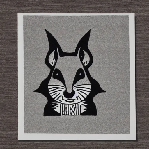 Image similar to squirrel face, cute, block print, simple stylized, black ink on white paper