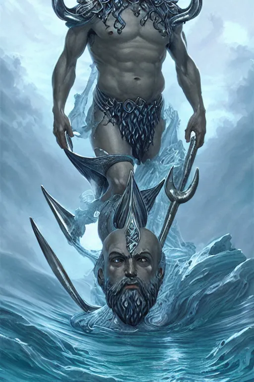 Image similar to poseidon humanoid god of the sea, trident, highly detailed, d & d, fantasy, highly detailed, digital painting, trending on artstation, concept art, sharp focus, illustration, art by artgerm and greg rutkowski and magali villeneuve