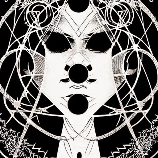 Image similar to shadowy pitch-black void occultist, gnostic sigils, ars goetia, heroine, beautiful symmetrical portrait, intricate complexity, rule of thirds, in the style of Artgerm and Kazuki Tanahashi, character concept