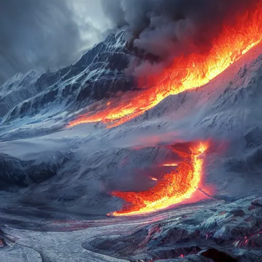 Image similar to alaskan glacier on fire, dim volumetric lighting, 8 k octane beautifully detailed render, post - processing, extremely hyper - detailed, intricate, epic composition, giant bananas natural disaster, cinematic lighting, masterpiece, trending on artstation, detailed detailed detailed, masterpiece, stunning art by anders zorn, wonderful masterpiece by greg rutkowski, beautiful cinematic light