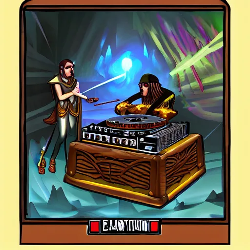 Prompt: fantasy painting of a dj set with turntable in a fantasy dungeon in the style of dnd,