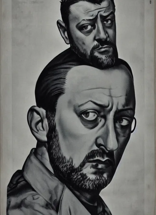 Image similar to Portrait Jean Reno gesture,look of hate, threatening pose, 1940s propaganda poster, full hd,highly detailed