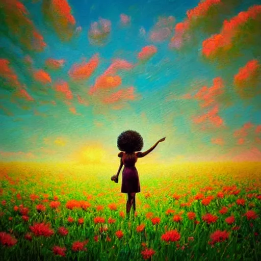 Prompt: large flowers afro, girl standing in a field with flowers, surreal photography, hills, big trees, sunrise dramatic light, impressionist painting, colorful clouds, digital painting, pointillism, artstation, simon stalenhag