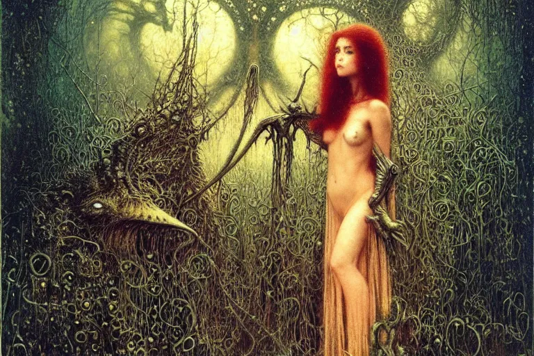 Image similar to young cute alyson hannigan knight in enchanted lovecraftian garden by jean delville, luis royo, beksinski, grimshaw