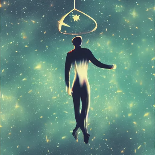 Image similar to hanged man. the universe as a background.