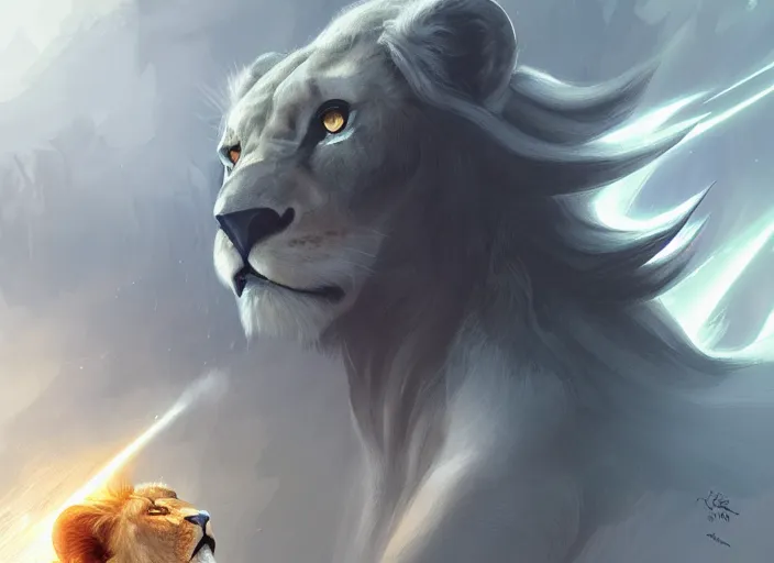 Prompt: a wizard shooting lightnings against one lion, white background, elegant, digital painting, concept art, smooth, sharp focus, illustration, from StarCraft by Ruan Jia and Mandy Jurgens and Artgerm and William-Adolphe Bouguerea