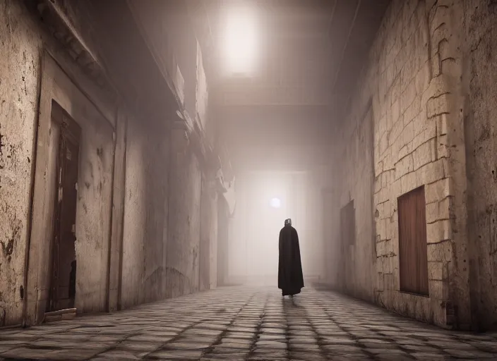 Prompt: old jeddah city alley, magical time gate to another dimension, a man wearing a white robe standing watching over, dramatic lighting, dawn, by caspar david friedrich, unreal engine 5