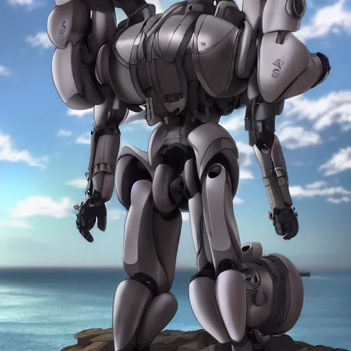 Image similar to ( anime!! humanoid robot ) ( standing on top of a large cliff ) overlooking the sea, anime!! artistic artstation