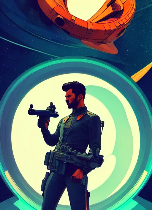 Prompt: side profile centered portrait, man with a gun, a spaceship in the background, by artgerm, cushart krenz, miles johnstone, storyboard,, frames, west world show, james jean. art nouveau, swirly vibrant ripples, gaudy colors, sharp edges. poster, 8 k. elegant, intricate, octane render