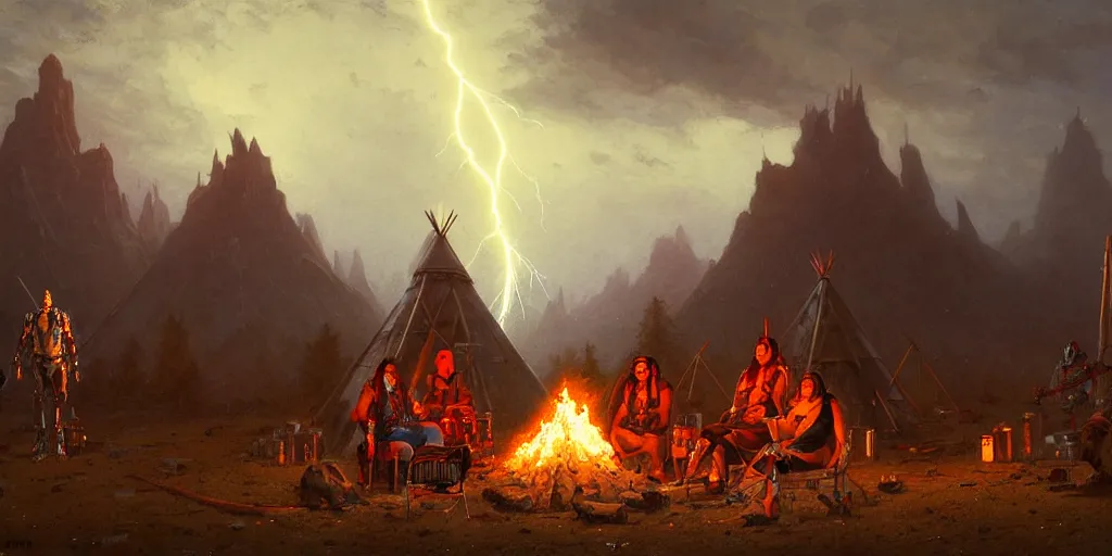 Prompt: an old native american and some cyborgs roboters sitting together at a fire in front of one tipi, beatiful mountain background, cyberpunk, tech wear, by albert bierstadt, by greg rutkowski, highly detailed, warm lightning, digital painting