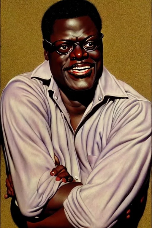 Image similar to bernie mac by gil elvgren and norman rockwell and rob gonsalves and hajime sorayama, hyperrealistic, high detail, ultra detailed, highly detailed face, ruffled fabric