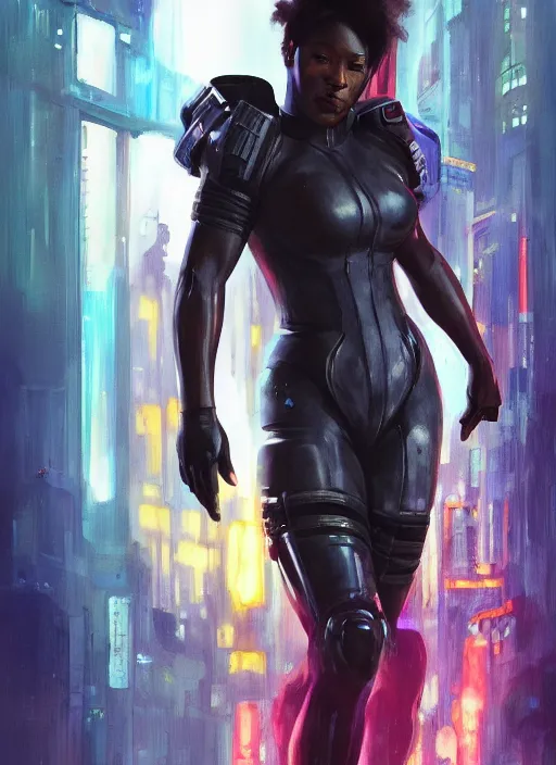 Image similar to black chun li. cyberpunk cop in tactical gear. plastic raincoat. blade runner 2 0 4 9 concept painting. epic painting by james gurney, azamat khairov, and alphonso mucha. artstationhq. painting with vivid color. ( rb 6 s, cyberpunk 2 0 7 7 )