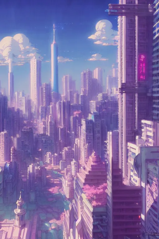 Prompt: vaporwave city, exquisite details, denoised, mid view, by artsation, greg rutkowski, makoto shinkai, takashi takeuchi, studio ghibli