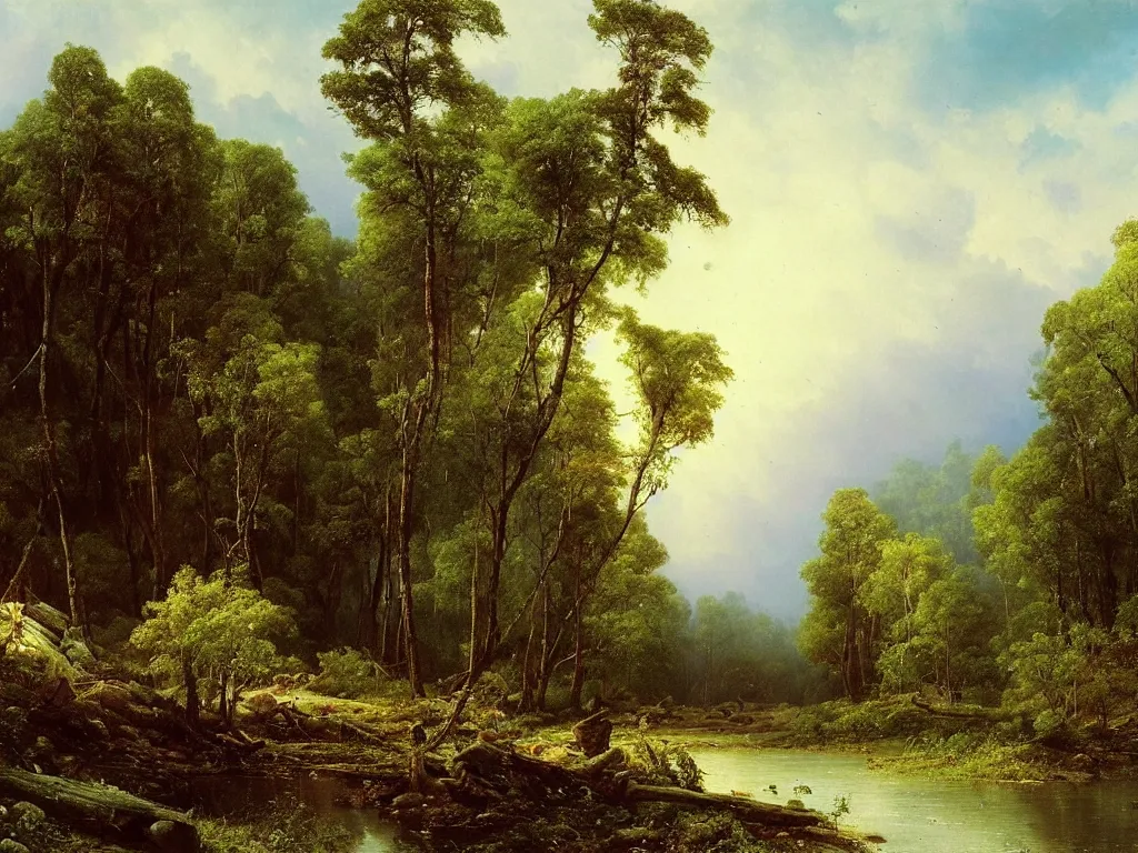 Image similar to abandoned city reclaimed by nature by ivan shishkin and aivazovsky, oil on canvas, highly detailed, masterpiece