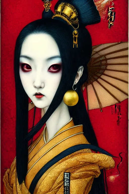 Image similar to watercolor painting of a japanese bjd geisha vampire queen with a long neck by tom bagshaw, ayami kojima, mark ryden in the style of thoth tarot card, dark - fantasy, red, gold, black