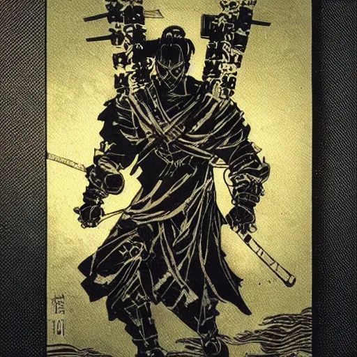 Prompt: scary samurai, extreme details, portrait, mike mignola and yoji shinkawa art style, black paper Tarot Card