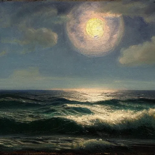 Image similar to a matte painting of the ocean at night with a full moon, an oil painting by Laurits Tuxen, deviantart, impressionism, deviantart