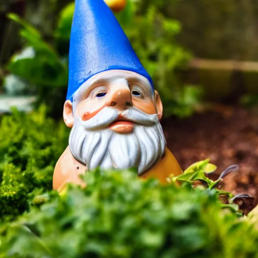 Prompt: garden gnome bathing in gravy, DSLR 15mm