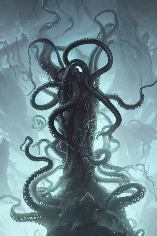 Image similar to a man losing his mind, tentacles, lovecraft, madness, lovecraftian, underworld, insanity, 8 k, digital art, magic the gathering, mtg, by greg rutkowski, trending on artstation