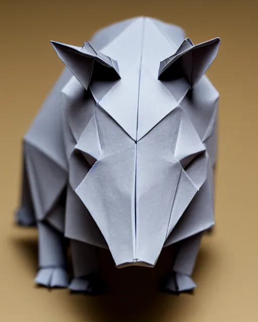 Prompt: an origami rhinoceros by akira yoshizawa, realistic, very detailed, complex, intricate, studio lighting, bokeh, sigma 5 0 mm f 1. 4