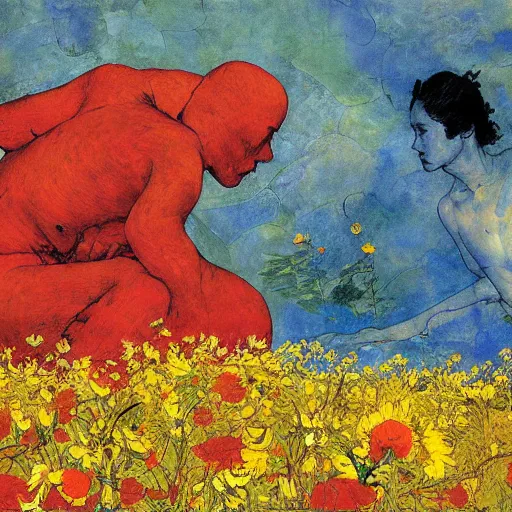 Prompt: 2 people in red desert drowning in a sea of yellow flowers, highly detailed, intricate, surreal, painting by Franz Marc, part by Yoji Shinkawa, part by Norman Rockwell