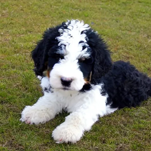 Prompt: young bernedoodle in france