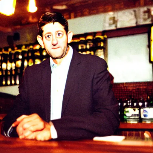 Image similar to Former House Speaker Paul Ryan alone at a dive bar. CineStill