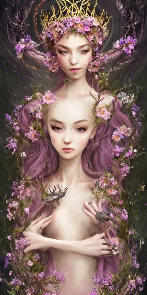 Prompt: A beautiful fantasy empress, highly detailed full body, just one head, flower tiara, long hair, wearing dramatic aristocrat robe, delicate figure, field of fantasy flowers, foxes and deer, epic composition, ultra wide-shot, dynamic pose, concept art, dramatic lighting, digital painting, smooth, character design, ((sharp focus)), elegant, intricate, trending on artstation, by WLOP and James Jean and Victo Ngai