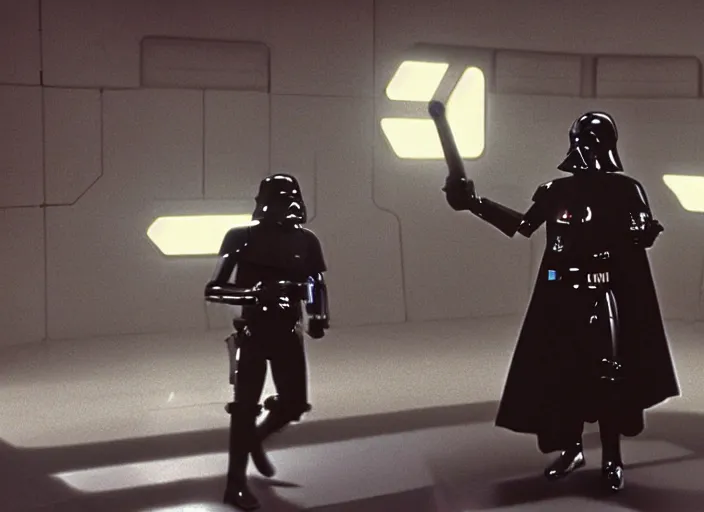 Image similar to screenshot from the lost star wars film, shiny, jedi sithtrooper droid with lightsaber arms, iconic scene from the lost Star Wars film, Shadows Of the Empire, 1990 directed by Stanely Kubrick, lens flare, moody cinematography, with anamorphic lenses, crisp, detailed, 4k