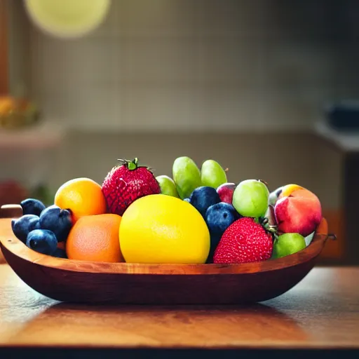 Prompt: a fruit basket on top of a kitchen table, bokeh