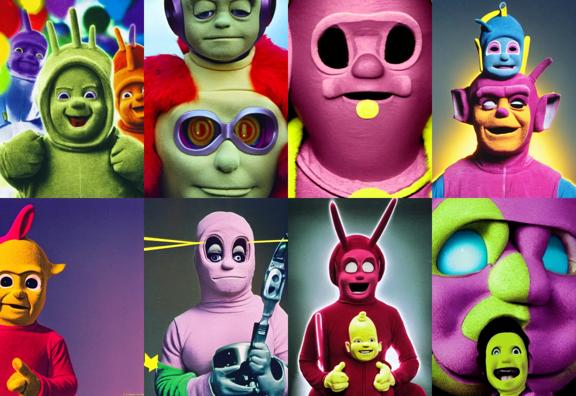 Prompt: jim carrey as teletubbies, mask, laser on dark background, film shot, epic, blockbuster, 2 0 0 2