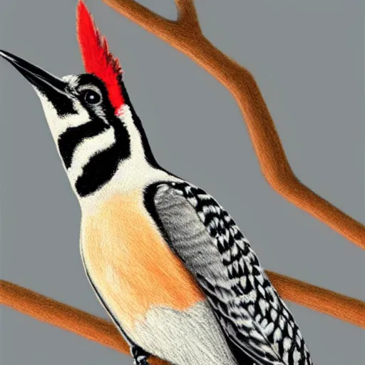 Prompt: a colored pencil drawing of a woodpecker bird by natalia rojas and ana maria martinez jaramillo, pastel color, wingspan, highly detailed, realistic graphite, artstation, 4 k, realism, photorealism, fine art