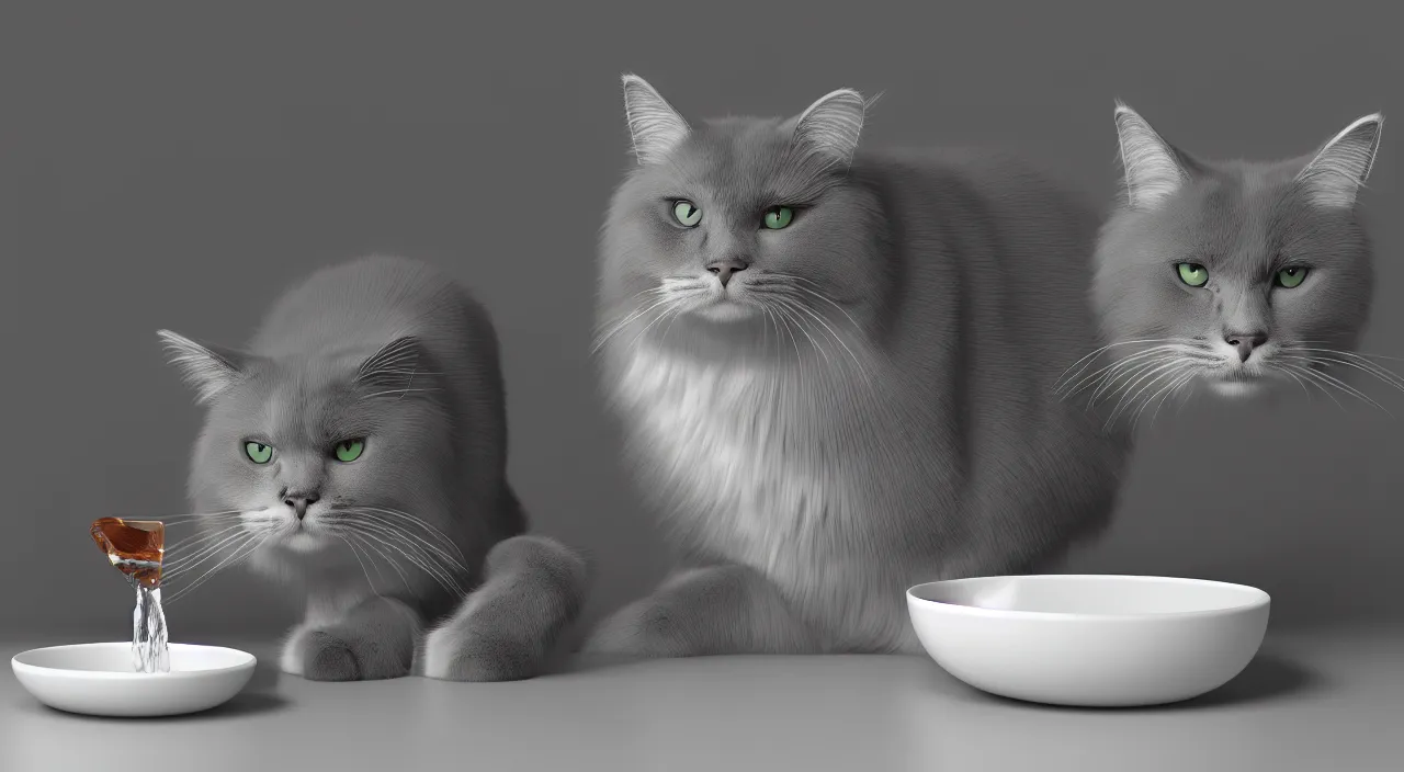 Prompt: A cat drinking water from a bowl, fluffy cat, ragdoll cat, digital art, octane render