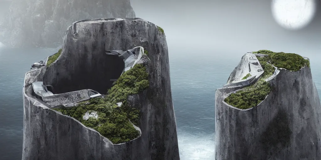 Prompt: modern brutalistic architecture build at the center of a huge vertical ringed shaped mountain with forest on the top in the center of the ocean, unreal 5, hyper realistic, realistic, photorealistic, dynamic lighting, highly detailed, cinematic landscape, studio landscape, studio lighting