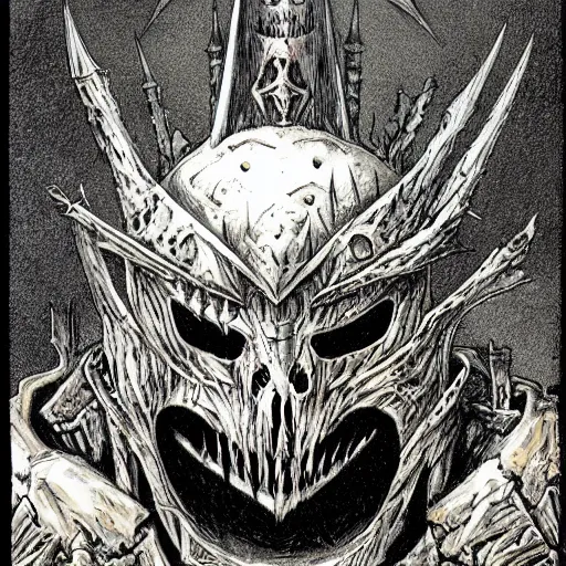 Prompt: ian miller, realms of chaos, death knight helmet