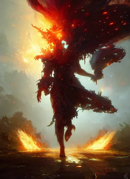 Image similar to 4k fire spell , art by greg rutkowski, art by craig mullins, art by thomas kincade, art by Yoshitaka Amano