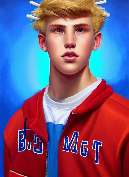 Image similar to portrait of high school senior boy named big moose, blonde short hair, jock, beefy, wide face, square jaw, square facial structure, blue varsity jacket with letter r, intricate, elegant, glowing lights, highly detailed, digital painting, artstation, concept art, sharp focus, illustration, art by wlop, mars ravelo and greg rutkowski