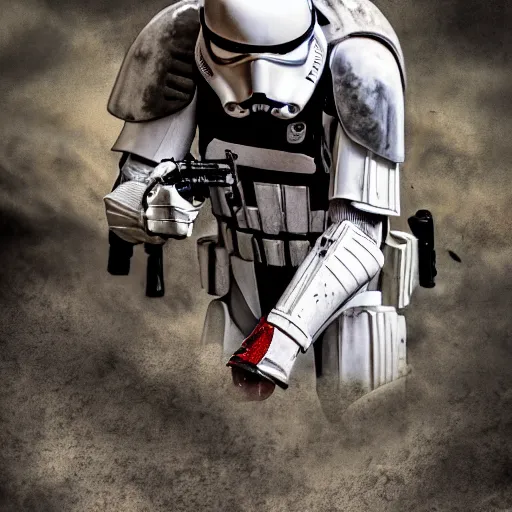 Image similar to war photography, the falling soldier, imperial stormtrooper, moment of death frozen in time, by blasterfire, groundbreaking, breathtaking, awardwinning, digital art, intricate, hyperrealist, detailed, 8 k, 3 5 mm, canon, extreme long shot