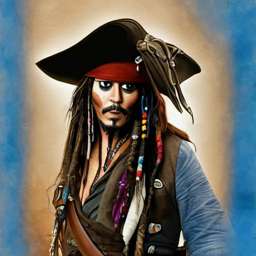 Image similar to portrait of johnny depp as captain jack sparrow, highly detailed, centered, solid color background, digital painting