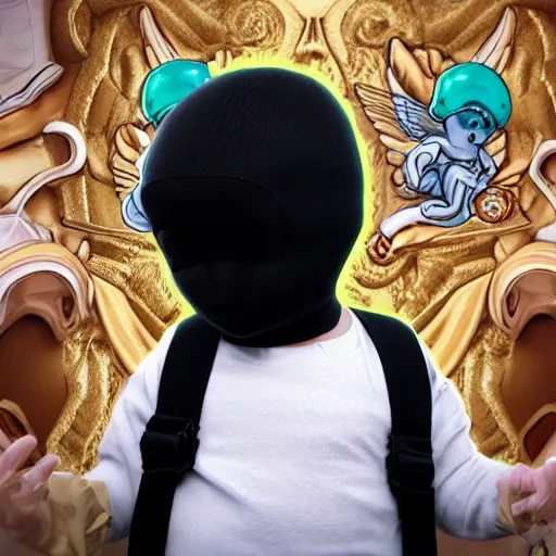 Image similar to a high tech 3 d rendering of a a baby cherub angel wearing a balaclava face mask, ski mask, face covered, covered face, fixed eyes, gucci, supreme, chanel, tattoos, multiple gold cuban chain necklace, graffiti in background, cinema 4 d, very detailed, clear, render