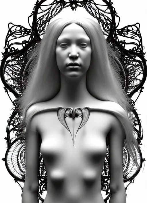 Prompt: dreamy soft bw 3 d render, beautiful angelic biomechanical albino girl cyborg with a porcelain profile face, very long neck, rim light, big leaves and stems, roots, fine foliage lace, alexander mcqueen, art nouveau fashion embroidered collar, steampunk, silver filigree details, hexagonal mesh wire, mandelbrot fractal, elegant, artstation trending