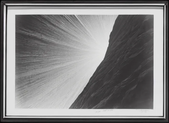 Prompt: Space ship descending towards silver skyscraper near a canyon, albumen silver print by Timothy H. O'Sullivan.