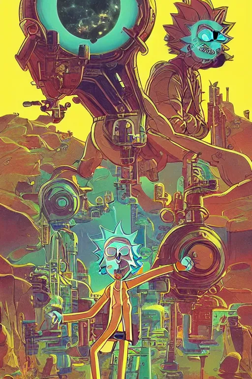 Prompt: Rick and Morty save the multiverse, science fiction, retro cover, high details, intricate details, by vincent di fate, artgerm julie bell beeple, 60s, inking, vintage 60s print, screen print